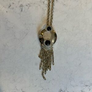 WHBM gold tone black dangly medallion with crystal stations costume necklace NWT